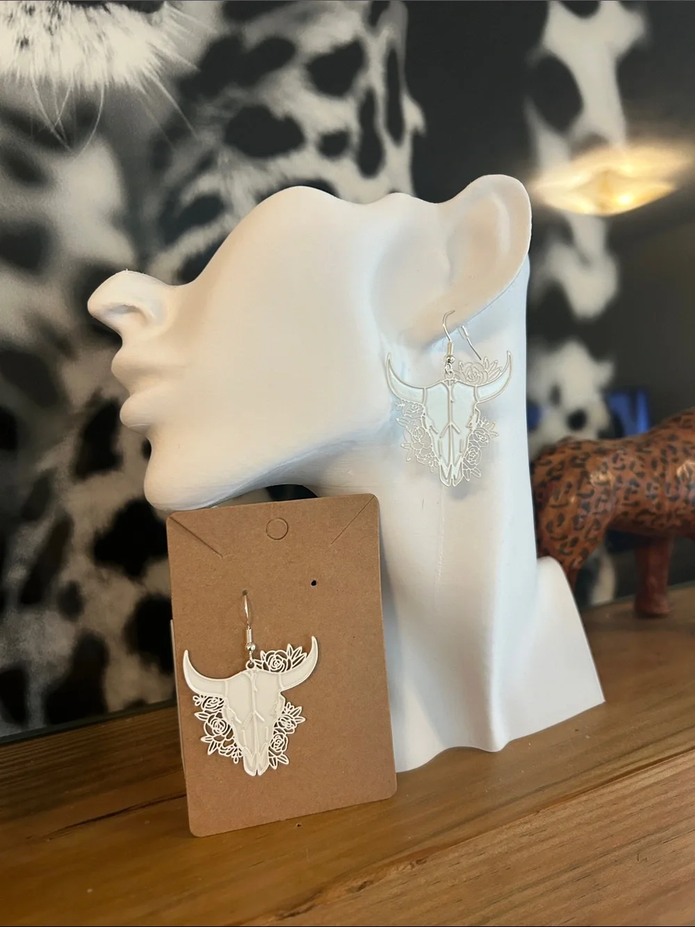 White Floral Longhorn Bull Skull Dangle Earrings (NWOT)